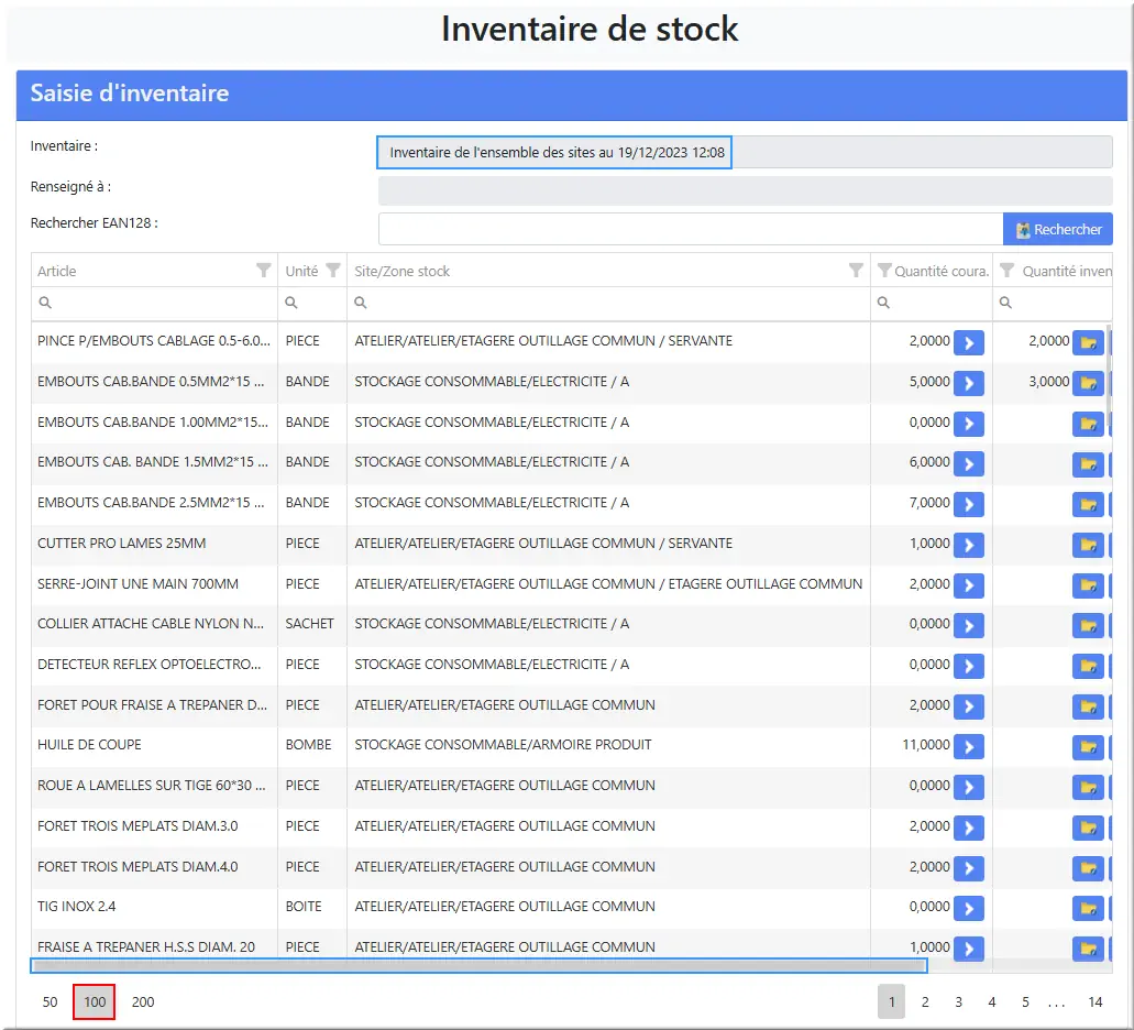 Saisie d'inventaire Liste articles